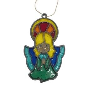 1980s Faux Stained Glass Angel Ornament Suncatcher Praying Christmas Decor